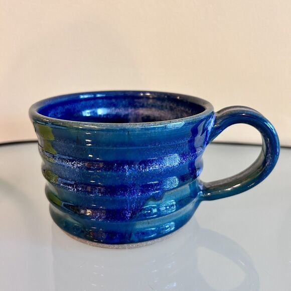 Dirtworks Pottery Mug Coffee or Soup Wide Blue Signed Nelda Seagrove NC - Picture 3 of 7